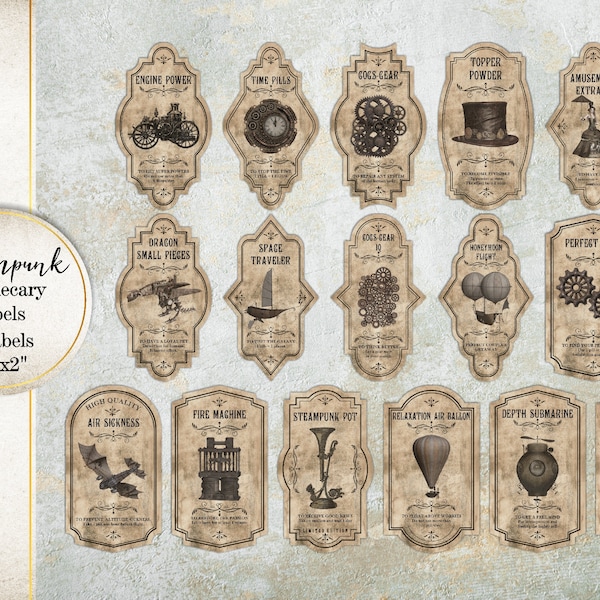 Steampunk Apothecary Labels, 3.5"x2" Apothecary Medieva Labels, DigitalSteampunk Era Labels, Printable Collage Sheet