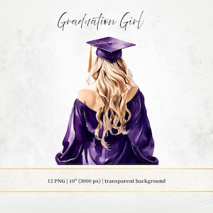 Dunkellila Graduierung Mädchen Clipart, Aquarell Graduierung PNG, Rückansicht junge Frauen, verschiedene Arten von Haaren