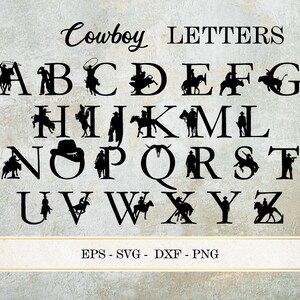 May include: Black silhouette alphabet letters with cowboys riding horses. The letters are in uppercase and the word "Cowboy Letters" is at the top of the image.