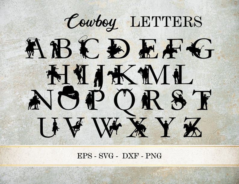 May include: Black silhouette alphabet letters with cowboys riding horses. The letters are in uppercase and the word "Cowboy Letters" is at the top of the image.