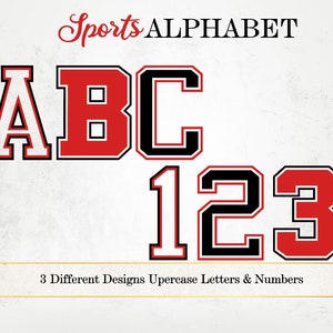 Rot und Schwarz Sport Buchstaben & Zahlen Clipart, Varsity Alphabet, 3 Passende Sport Designs Buchstaben, College Schrift SVG PNG