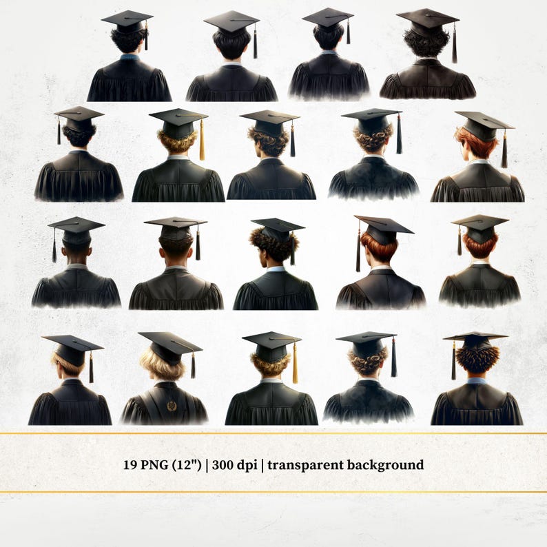 Watercolor Graduation Boy Clipart: Back View, Black Outfit (PNG Files ...