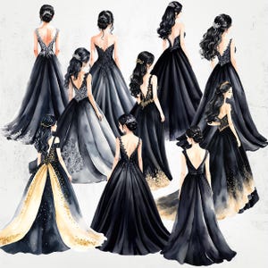 Vestido preto aquarela clipart, aquarela elegante dama de honra doce dezesseis anos vestido, cabelo preto vista traseira princesa, arquivos PNG