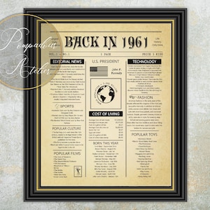 Back In 1961 Newspaper Poster, Vintage Poster Flashback 1961,  Printable Sign, What happened in 1961, Digital Flashback, Birthday Gift