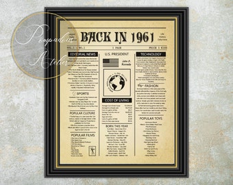 Back In 1961 Newspaper Poster, Vintage Poster Flashback 1961,  Printable Sign, What happened in 1961, Digital Flashback, Birthday Gift