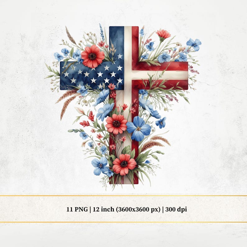Watercolor American Flag Cross Clipart: Memorial Day PNG (digital ...
