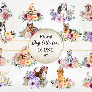 Floral Dogs Clipart Set, Floral Watercolor Dog Images, Puppy PNG Image, Blossom Dogs SI0014