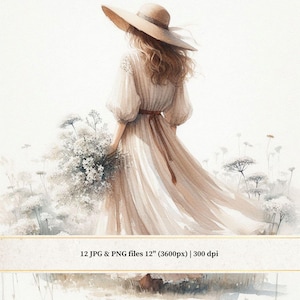 Images de fille de campagne bohème aquarelle, fille florale vue arrière dans des couleurs neutres, Art de ferme de campagne vintage