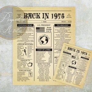 Back in 1975 Newspaper Poster, Back in Time Sign, Birthday 1975 Facts ...