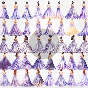Clipart de acuarela de princesa con vestido lavanda, vestido de dama de honor morado claro con acuarela para dulces dieciséis años, princesa con vista posterior y cabello diferente