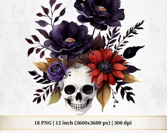 Watercolor Halloween Flowers Clipart: Purple Burgundy Floral PNG (Digital Download)
