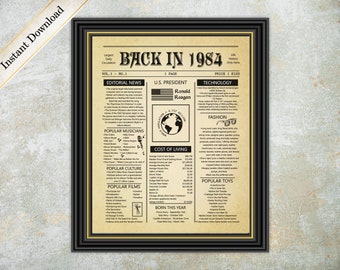 Back In 1984 Sign, Digital Newspaper Poster, Birthday Decoration, Born in 1984,  Flashback Birthday Gift