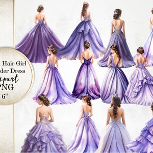 Princesa con cabello castaño de espaldas, vestido lavanda para quinceañera, clipart de acuarela, vestido de dama de honor morado claro para dulces dieciséis, archivos PNG