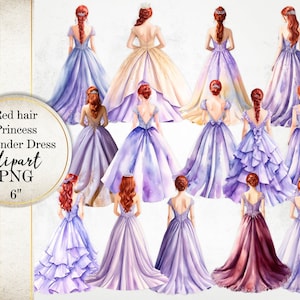 Princesse vue arrière, robe lavande princesse aquarelle Clipart, aquarelle filles cheveux roux, robe de demoiselle d'honneur violet clair Sweet Sixteen