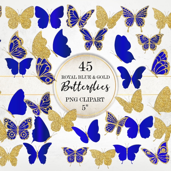 Royal Blue and Gold Glitter Butterflies Image Bundle, Lace Butterflies Clipart, Royal Blue Butterfly PNG Images, Sparkling Butterfly