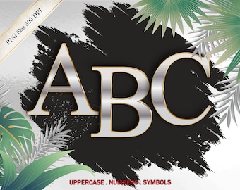 May include: Silver metallic letters A, B, and C with a gold outline on a black background with a white paint splatter effect. The letters are uppercase and have a 3D effect. The text "UPPERCASE. NUMBERS. SYMBOLS" is at the bottom of the image.