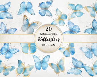 Blue Gold Watercolor Butterflies, SVG PNG Graphics (Commercial Use)