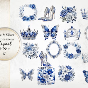 Royal Blue en Silver Quinceanera Elements Clipart, transparante PNG's, Quinceanera Clipart, bruidsman, Sweet Sixteen Clipart
