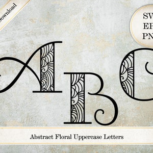 Alfabeto SVG con formas florales decorativas cortadas con láser, monograma con letras A a Z, imagen PNG de fuente, letras del alfabeto con encaje