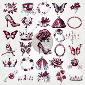Clipart bordeaux en zilver Princess Elements, Clipart Quinceanera, Bruidsman PNG, Sweet Sixteen Clipart, transparante PNG's