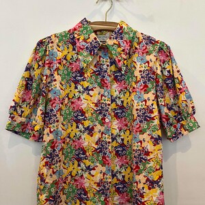 Vintage Floral Blouse – Puffy Sleeves – Romantic 80s Top – Size S/M – Cottagecore Style