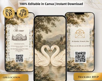 Swan Video invitation, Vintage Animated Wedding Invitation, RSVP QR Code, Editable Canva Template