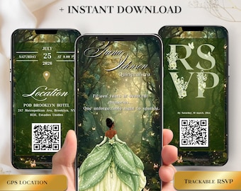May include: Three smartphones displaying a quinceañera video invitation. The invitation features a forest background, a QR code, and the text "Video Invitation + Editable + Instant Download." The invitation includes the date, time, and location.
