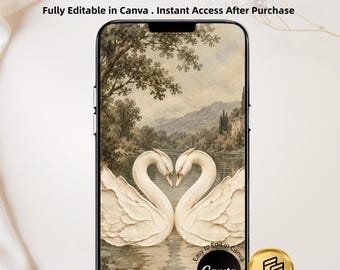 May include: A smartphone displaying an animated save the date invitation with two white swans facing each other on a lake. The screen shows the text ANIMATED SAVE THE DATE INVITATION and Fully Editable in Canva. Instant Access After Purchase.