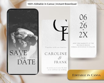 May include: A digital wedding announcement design featuring a smartphone displaying a black and white photo of a couple, and two cards with wedding details. The cards include the names "Caroline & Frank" and the date "06 26 2X". The text "Animated Save The Date" is at the top.