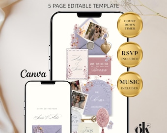 May include: A 5-page editable wedding website template displayed on two smartphones. The design features lavender envelopes, floral accents, a countdown timer, RSVP and music icons, and elegant script text reading Wedding Website and Canva.