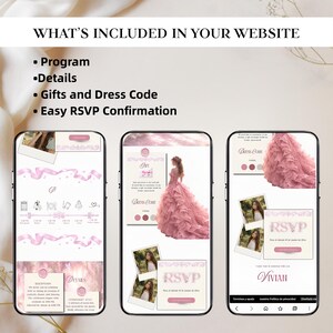 Pode incluir: Tr&ecirc;s telas de smartphone exibindo um modelo de site de casamento com esquema de cores rosa e branco. O texto diz WHAT'S INCLUDED IN YOUR WEBSITE, Program, Details, Gifts and Dress Code e Easy RSVP Confirmation, apresentando fotografias.