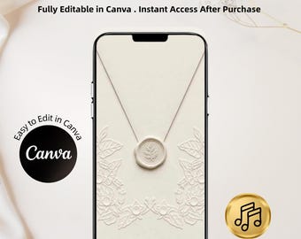 May include: A smartphone displaying an animated save the date invitation with a cream-colored background, a central wax seal featuring a leaf motif, and embossed floral patterns. Text reads: ANIMATED SAVE THE DATE INVITATION, Fully Editable in Canva, Instant Access After Purchase, Easy to Edit in Canva, and Canva.