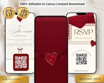 May include: Three smartphones displaying an animated wedding invitation template. The screens show a cream-colored background with dark red accents, a heart-shaped wax seal, QR codes, and text including "The venue," "POD BROOKLYN HOTEL," and "RSVP."
