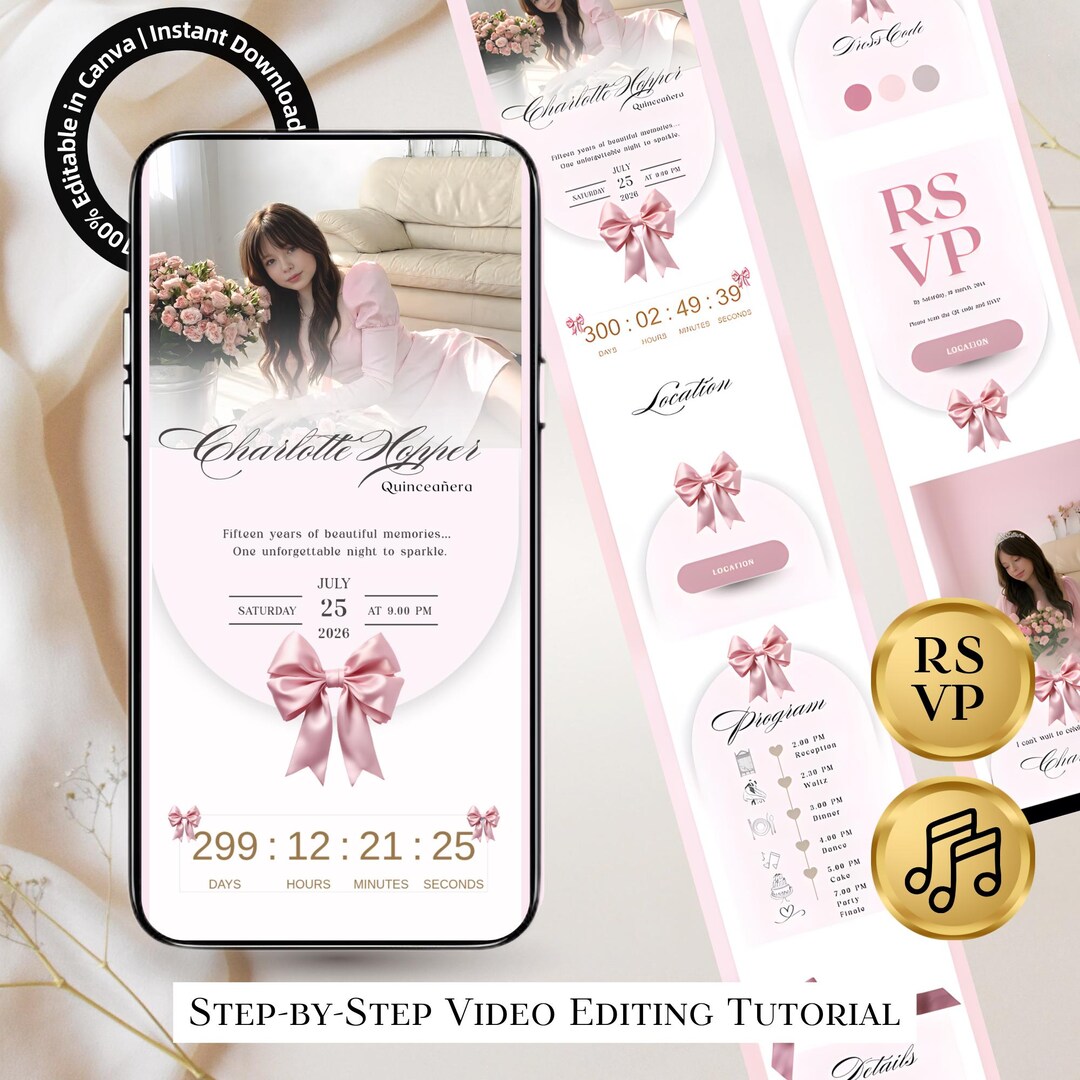 Editable Quinceanera Invitation | Pink Bow Digital Invite for Sweet 16 ...