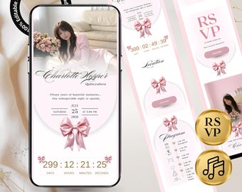May include: A digital invitation design for a Quinceañera, featuring a photo of a young woman, pink bows, and event details. The design includes a countdown timer and RSVP information. The text reads "Charlotte Hopper Quinceañera".