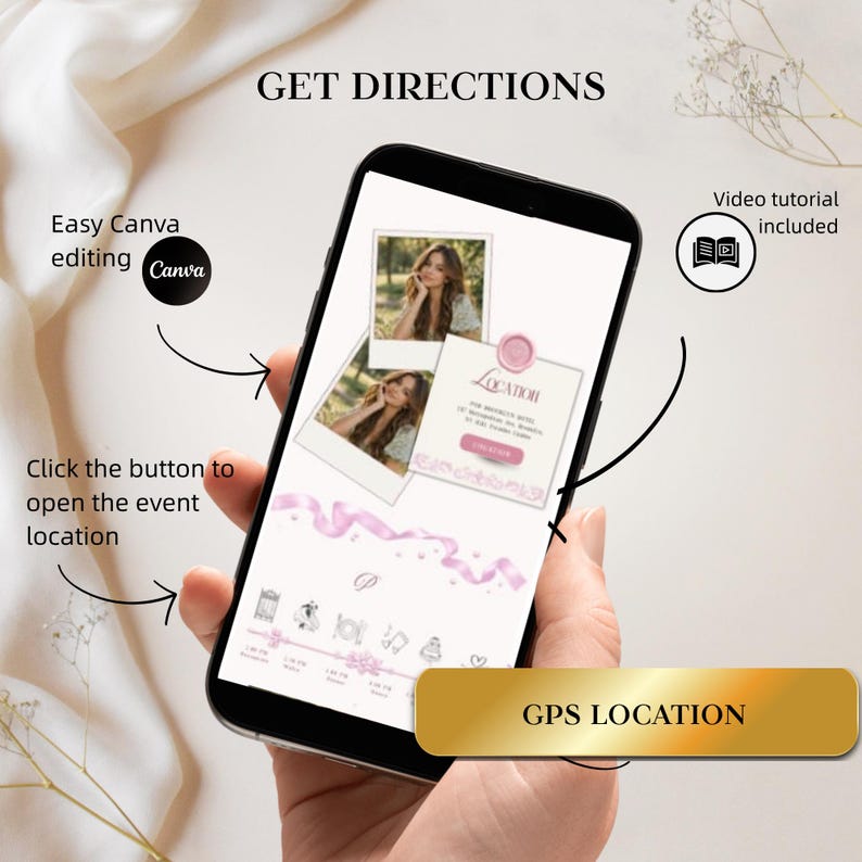 Pode incluir: Uma tela de smartphone exibindo um modelo de convite digital com o texto GET DIRECTIONS e GPS LOCATION. O design apresenta duas fotos estilo polaroid, um selo de cera rosa, gr&aacute;ficos de fita e &iacute;cones para os detalhes do evento.