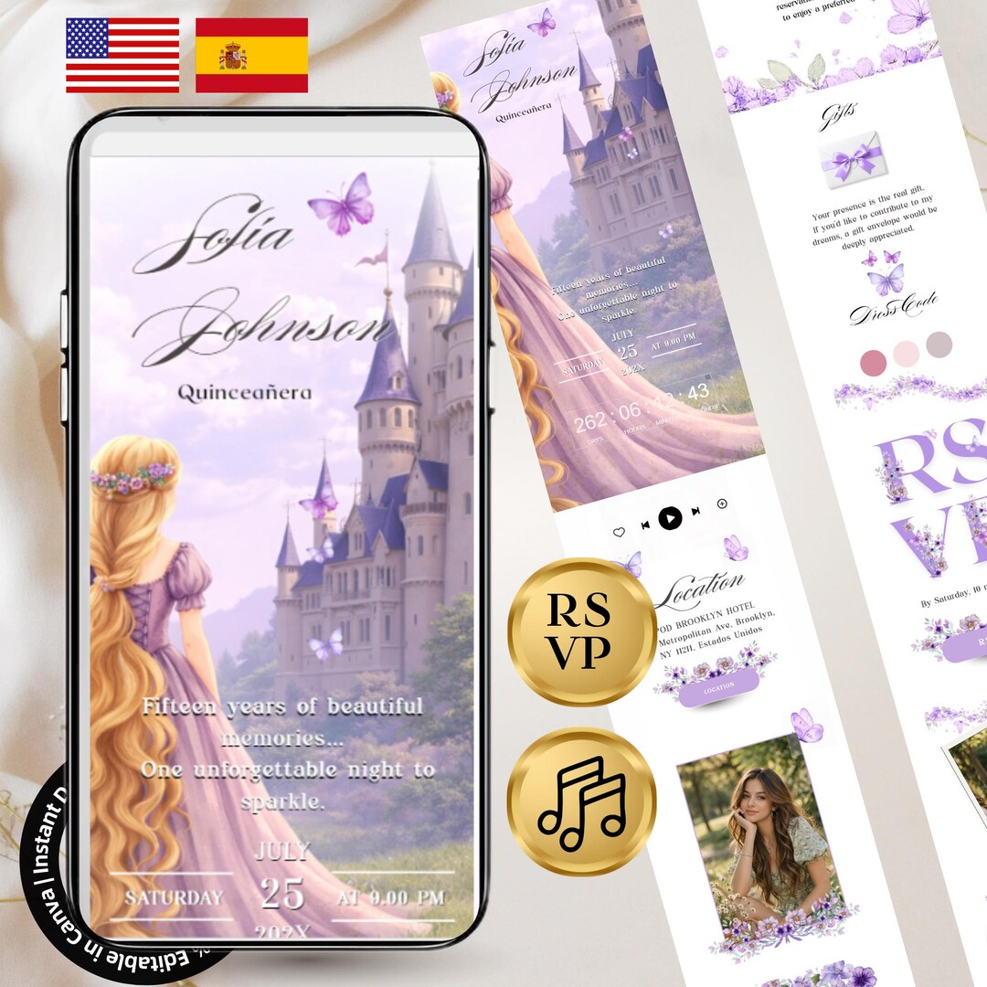 Editable Quinceañera Invitation | Rapunzel Tangled Digital Invite for ...