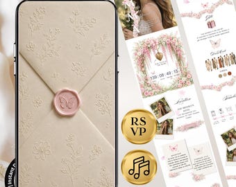 May include: A cream-colored envelope-style phone case featuring an embossed floral pattern and a central pink wax seal with a butterfly motif. Beside it, a digital wedding invitation template displays floral graphics, event details, and gold icons.