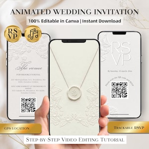 Puede incluir: Tres teléfonos inteligentes muestran una plantilla de invitación de boda animada con fondos florales blancos en relieve, códigos QR para RSVP y ubicación, y una pantalla central con un sello de cera. El texto incluye RSVP, The venue y GPS LOCATION.