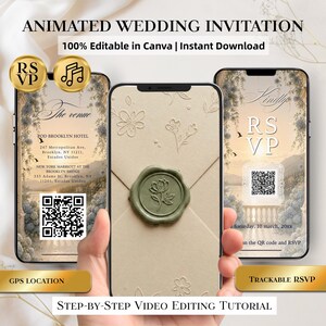 Pode incluir: Convite de casamento animado exibido em três smartphones. O design apresenta elementos florais, um selo de cera e detalhes RSVP. O texto inclui "Animated Wedding Invitation" e "100% Editable in Canva | Instant Download."
