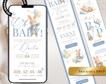 May include: Digital baby shower invitation template with a blue and white theme. The design features a cute bunny illustration, balloons, and the text "Oh Baby!". Includes RSVP and registry information.