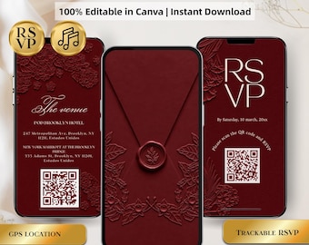 May include: Three smartphones displaying a deep red animated wedding invitation template. The screens feature floral embossed details, a wax seal graphic, QR codes for RSVP, and venue location text. The design includes gold circular icons.