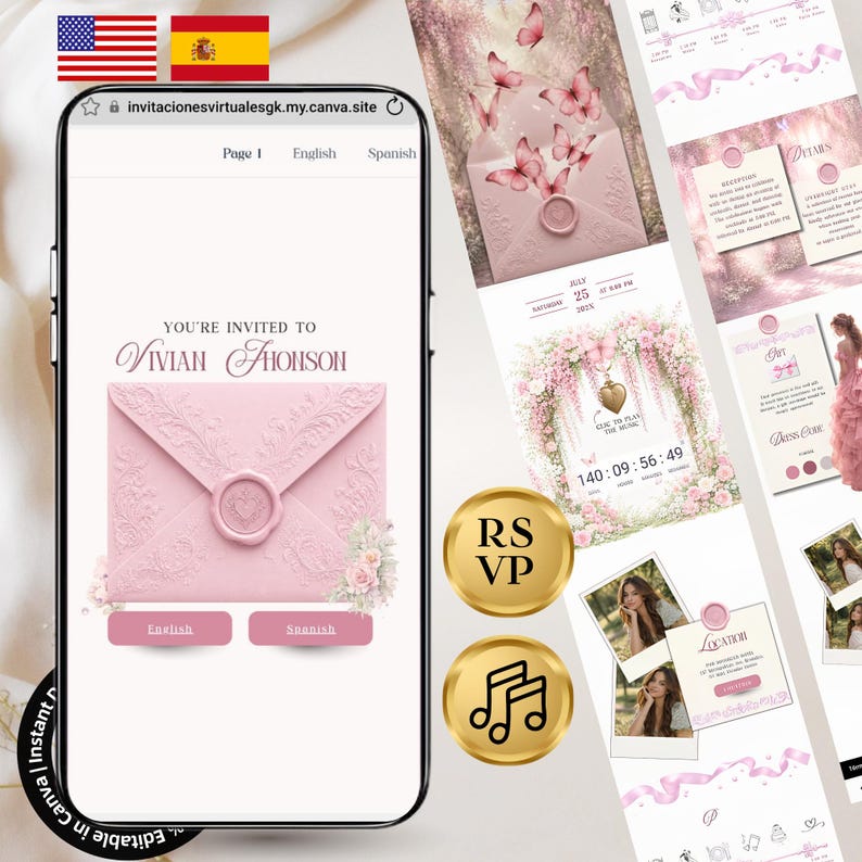 Pode incluir: Uma tela de smartphone exibindo um site de convite digital para Vivian Jhonson, com um envelope rosa com selo de cera, detalhes florais, bot&otilde;es de sele&ccedil;&atilde;o de idioma e uma rolagem vertical com os detalhes do evento.