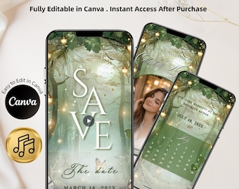 May include: Three smartphones display an animated digital save the date invitation with a forest theme, featuring glowing lights, greenery, and text including "SAVE THE DATE," "MARCH 14, 202X," and "JULY 19, 202X." A Canva logo and music note icon are visible.