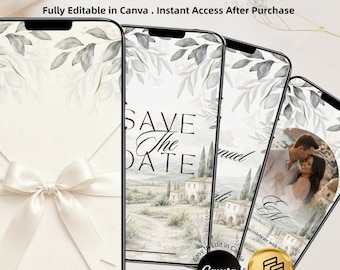 May include: Four smartphone screens displaying an animated save the date invitation template. The design features watercolor leaves, a Tuscan landscape, and a couple's photo. Text includes "ANIMATED SAVE THE DATE INVITATION" and "Canva".