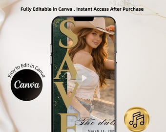 May include: An animated save the date invitation displayed on a smartphone. The invitation features a woman wearing a cowboy hat, with the word "SAVE" in gold lettering. The text "Easy to Edit in Canva" is also visible.