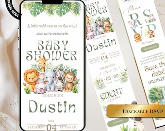 May include: A baby shower invitation design featuring a smartphone and RSVP cards. The invitation has a jungle theme with illustrations of animals like lions, elephants, and monkeys. The text reads "Baby Shower" and "Honoring Dustin". The RSVP card includes a "Trackable RSVP" button.