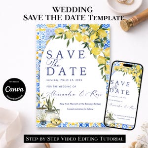Puede incluir: Una plantilla de invitación de boda "Save the Date" con un diseño de limones y flores. La invitación presenta el texto "Save the Date" y los detalles de la boda. Un smartphone muestra el mismo diseño. El logotipo de Canva es visible.