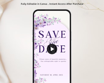 May include: A smartphone displays an animated save the date invitation. The design features purple floral accents and the words "SAVE the DATE" in elegant script. The text "Fifteen years of beautiful memories... One unforgettable night to sparkle" is also visible.