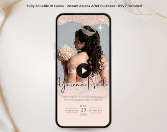 Animated Pink Glitter Quinceanera Invitation Video | Editable Canva Template, RSVP QR Code (Digital Download)
